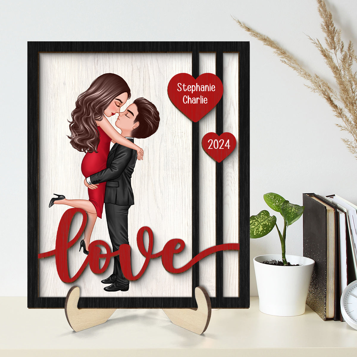 Couple Hugging Kissing Love Hearts Personalized 2-layer Wooden Plaque, Valentine‘s Day Gift For Him, For Her