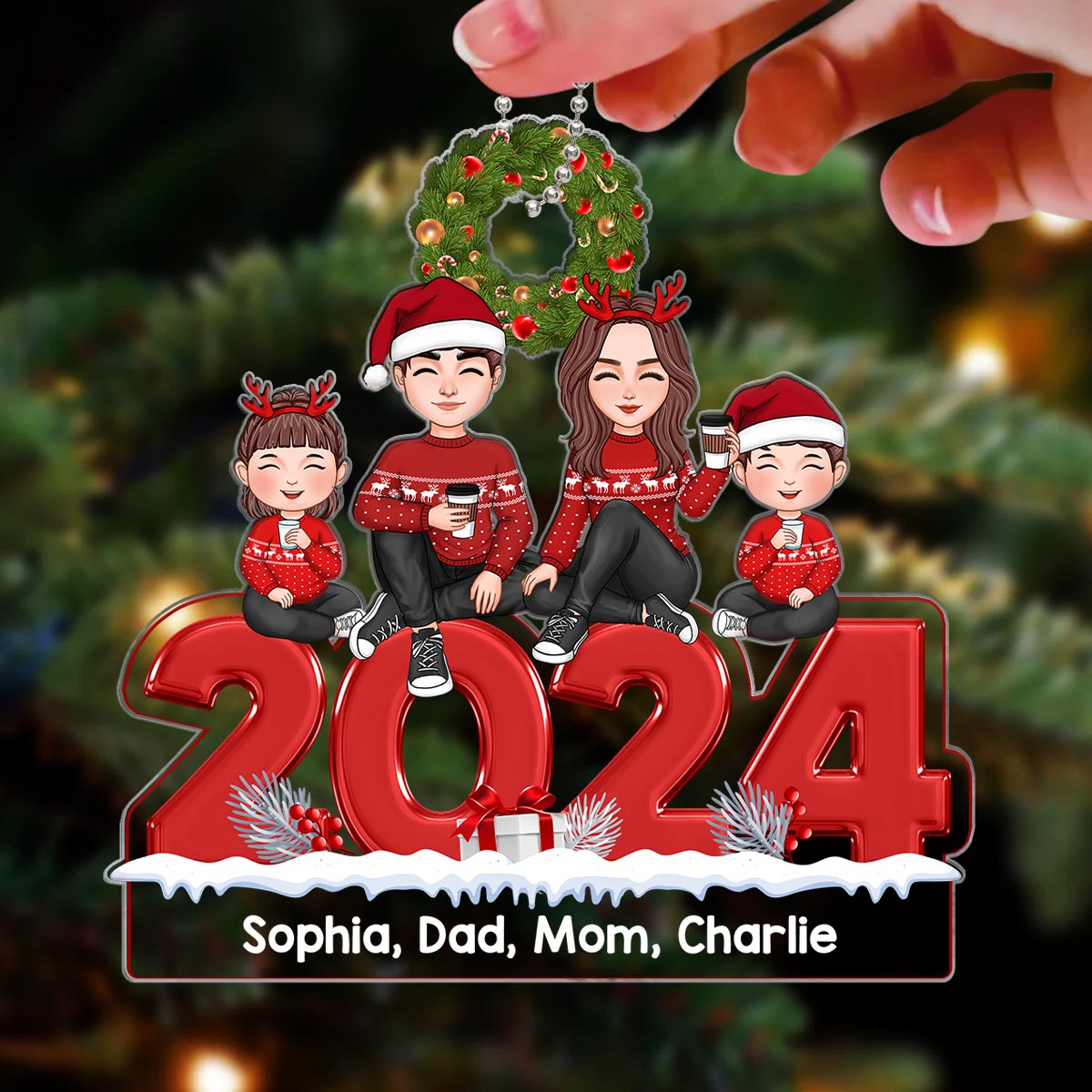 Christmas 2024 Cute Family Dad Mom Kids Dogs Cats Sitting Personalized Acrylic Ornament
