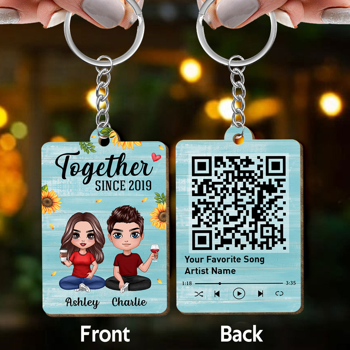 Blue Wood Doll Couple Sitting Favorite Song QR Code Personalized Wooden Keychain