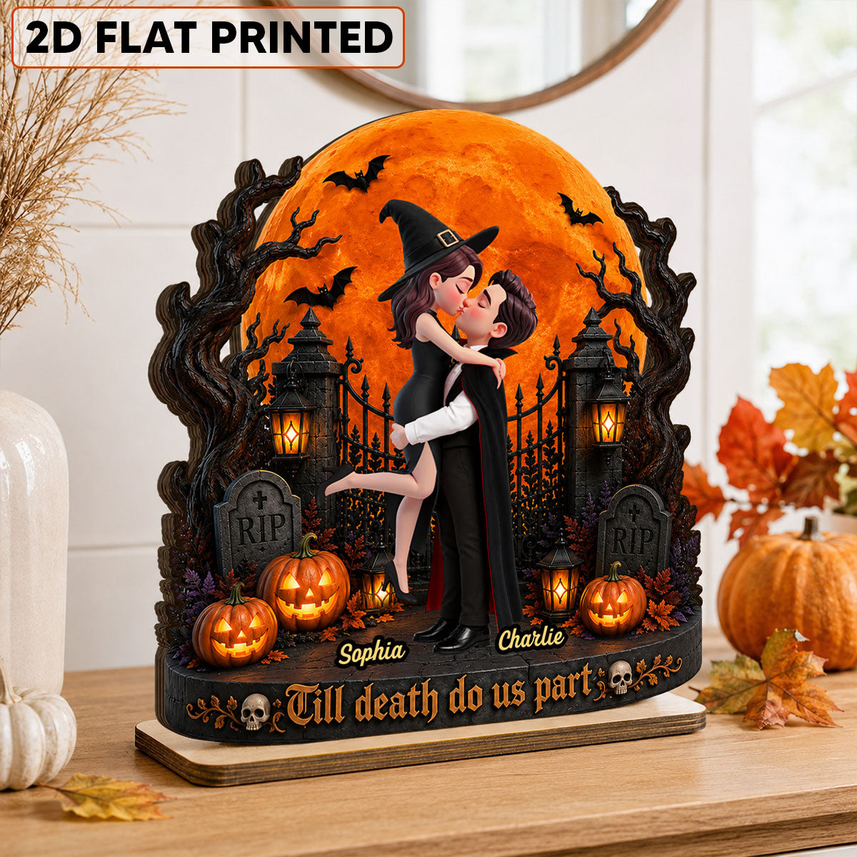 Eternal Love Couple Under Halloween Moon Light - Personalized 2-Layered Wooden Plaque - Halloween Gift For Couple