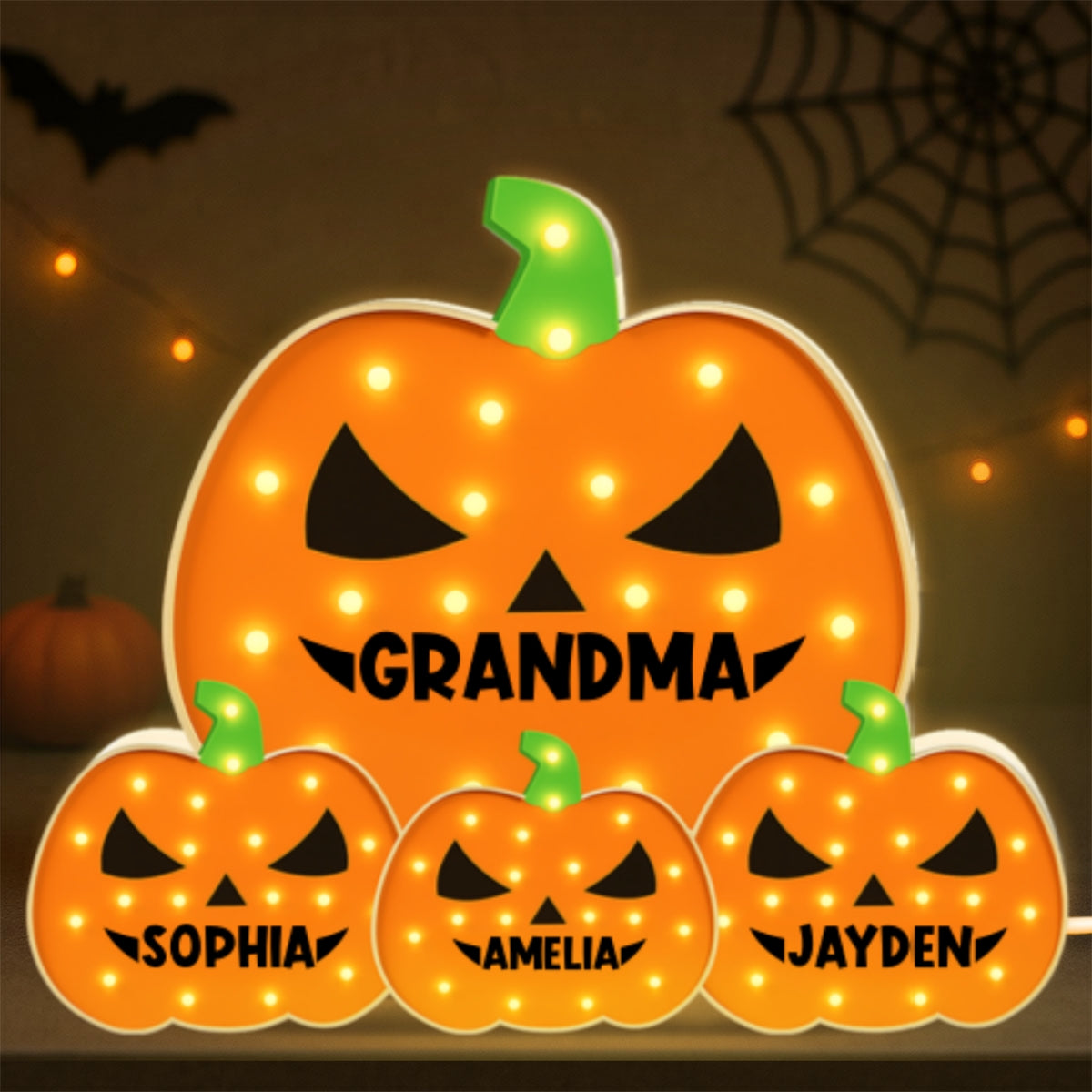 3D Effect Marquee Pattern Halloween Grandma And Grandkids Pumpkins - Personalized Light Box - Gift For Grandmas