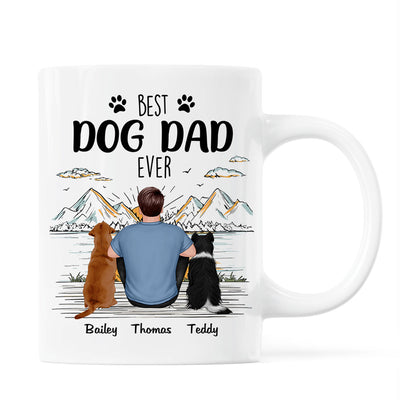 Back View Man Sitting With Dogs Best Dog Dad Ever Mountain Sketch Personalized Mug