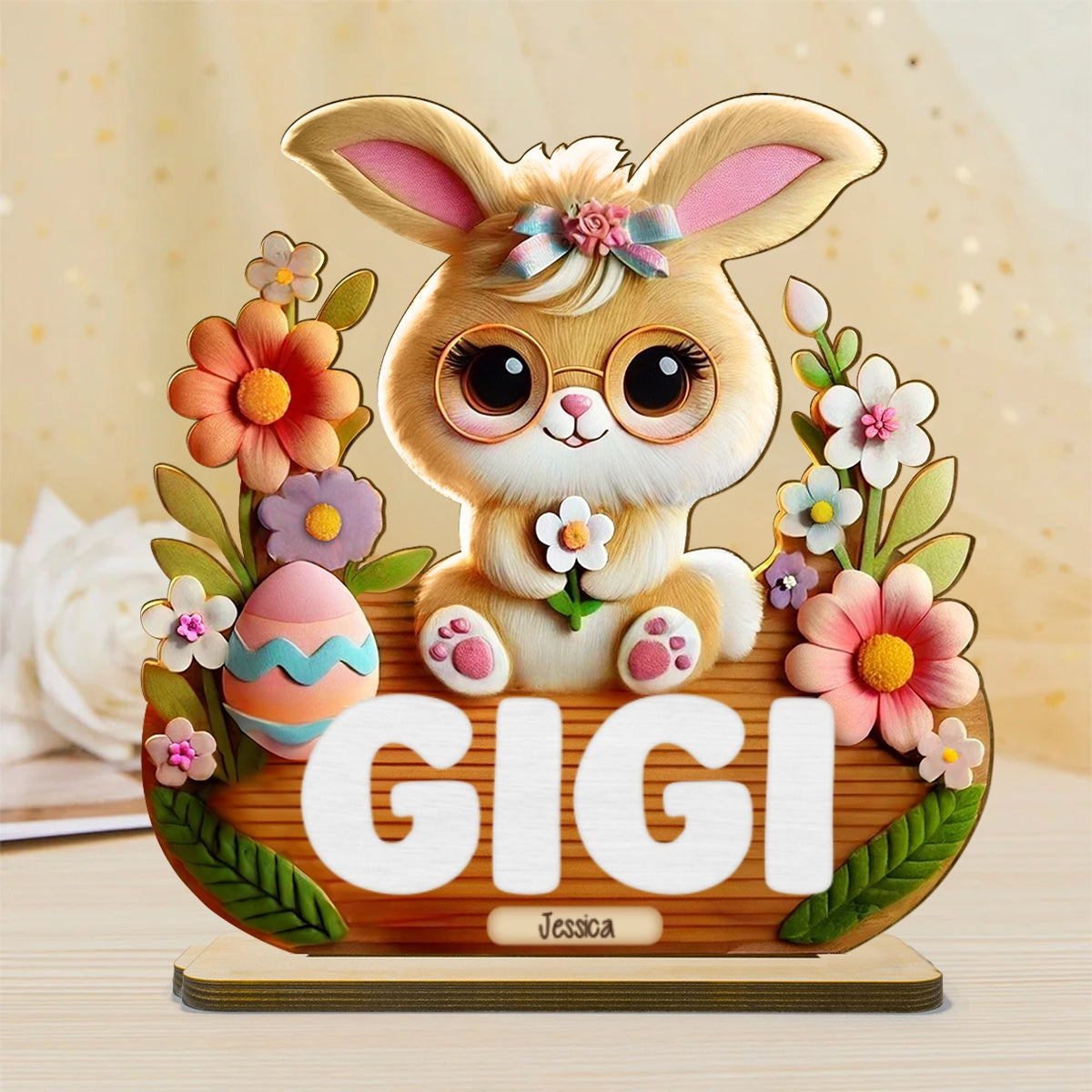 Mom Grandma's Easter Magic With Cute Bunny Engraved Standing Wooden Plaque, Heartfelt Personalized Gift For Mom, For Grandma