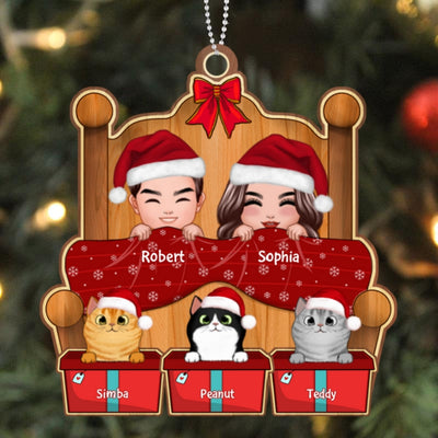 Christmas Doll Couple On Bed With Cats Personalized Wooden Ornament