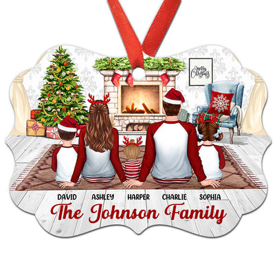 Christmas Family Pajamas Back View At Fireplace Personalized Christmas Ornament