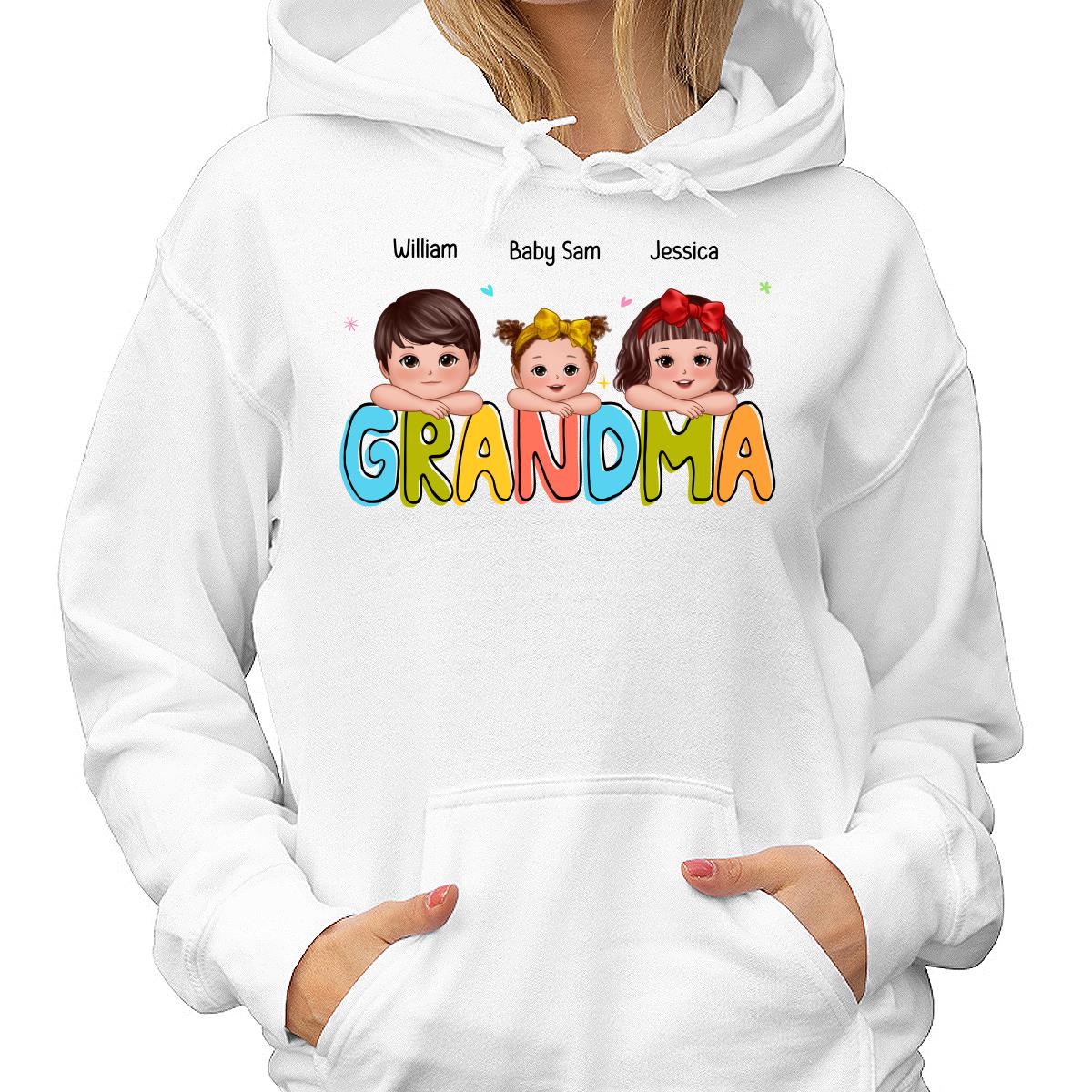 Colorful Grandma With Kids Chin On Hand Personalized Shirt