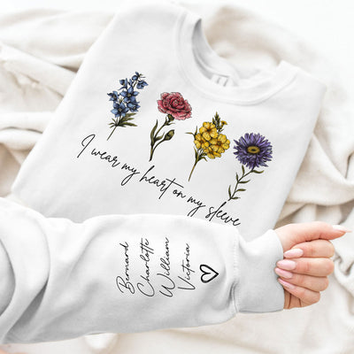 I Wear My Hearts On My Sleeve Birth Month Flower Personalized Sleeve Printed Sweatshirt