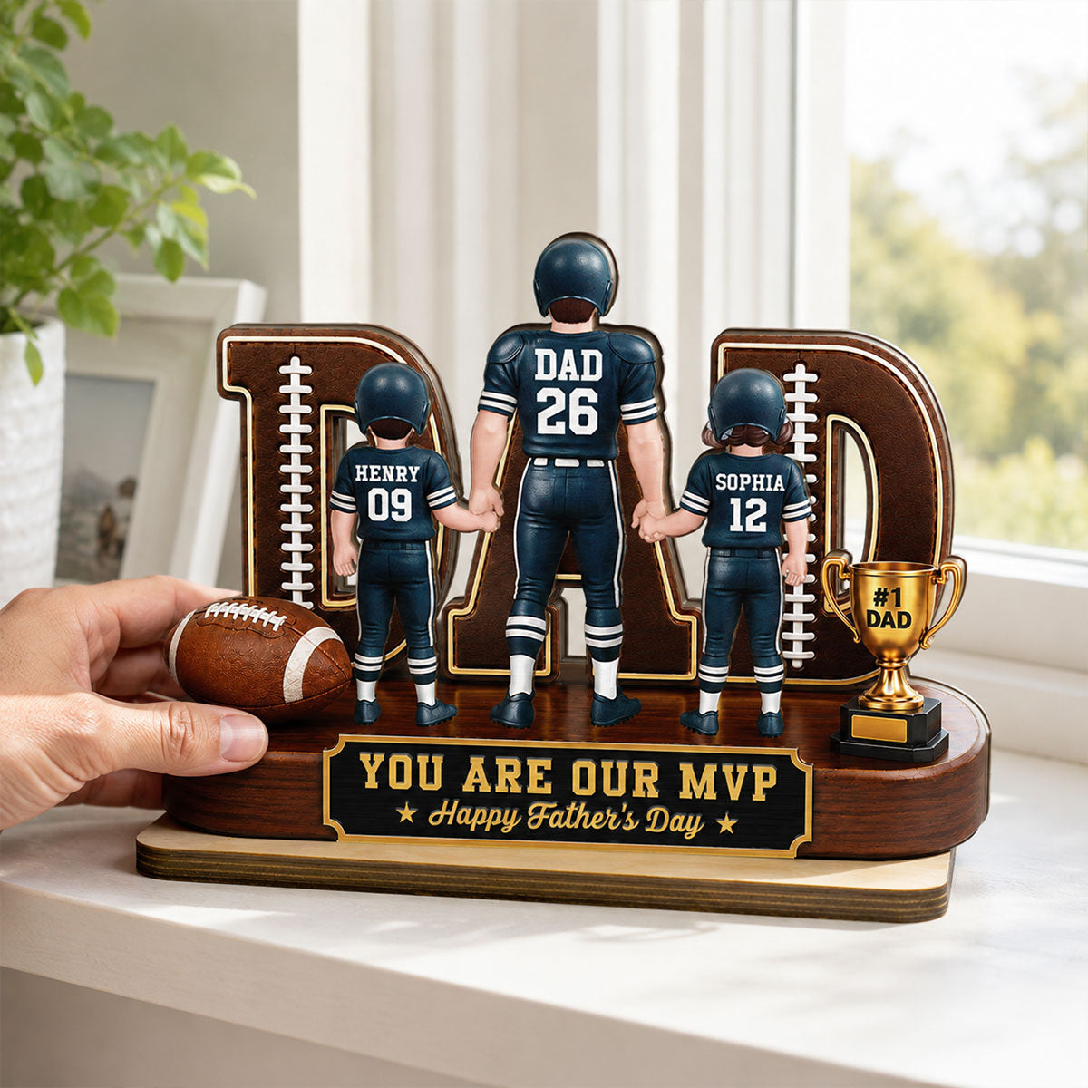 American Football No 1 Dad Legend Daddy's Dream Team - Personalized 2-Layered Wooden Plaque - Father's Day Gift For Dad