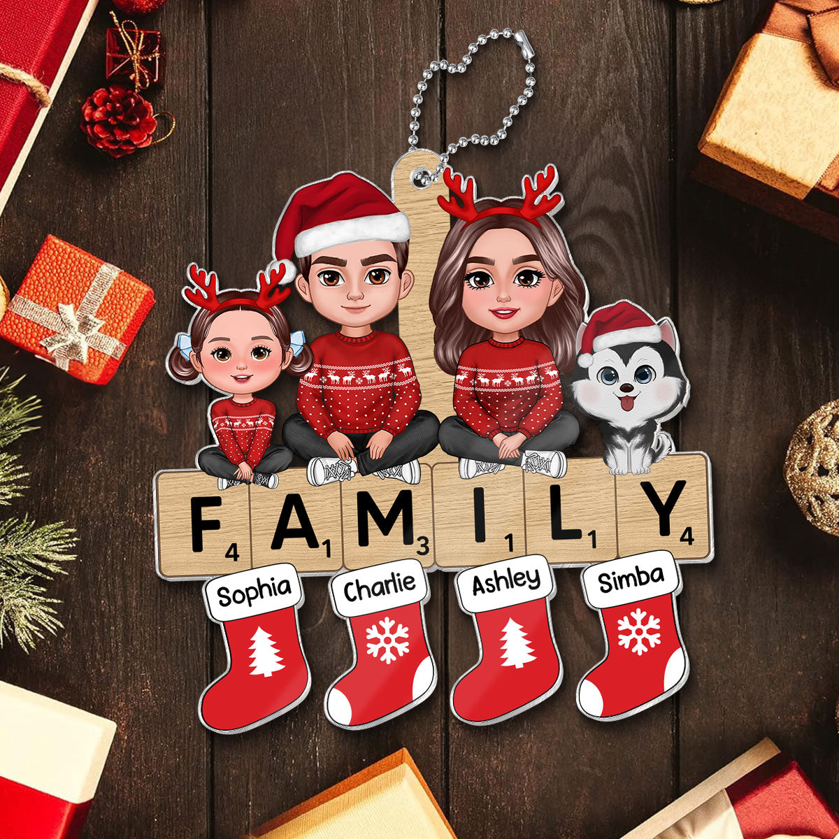 Doll Family Sisting On Word Puzzle Personalized Acrylic Ornament, Christmas Decoration