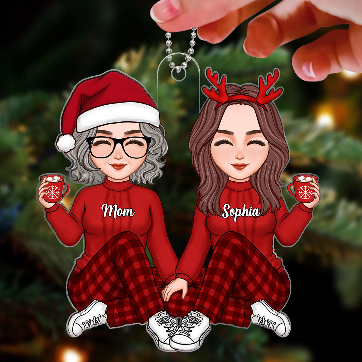 Christmas Cute Mom Daughter Sitting Personalized Acrylic Ornament