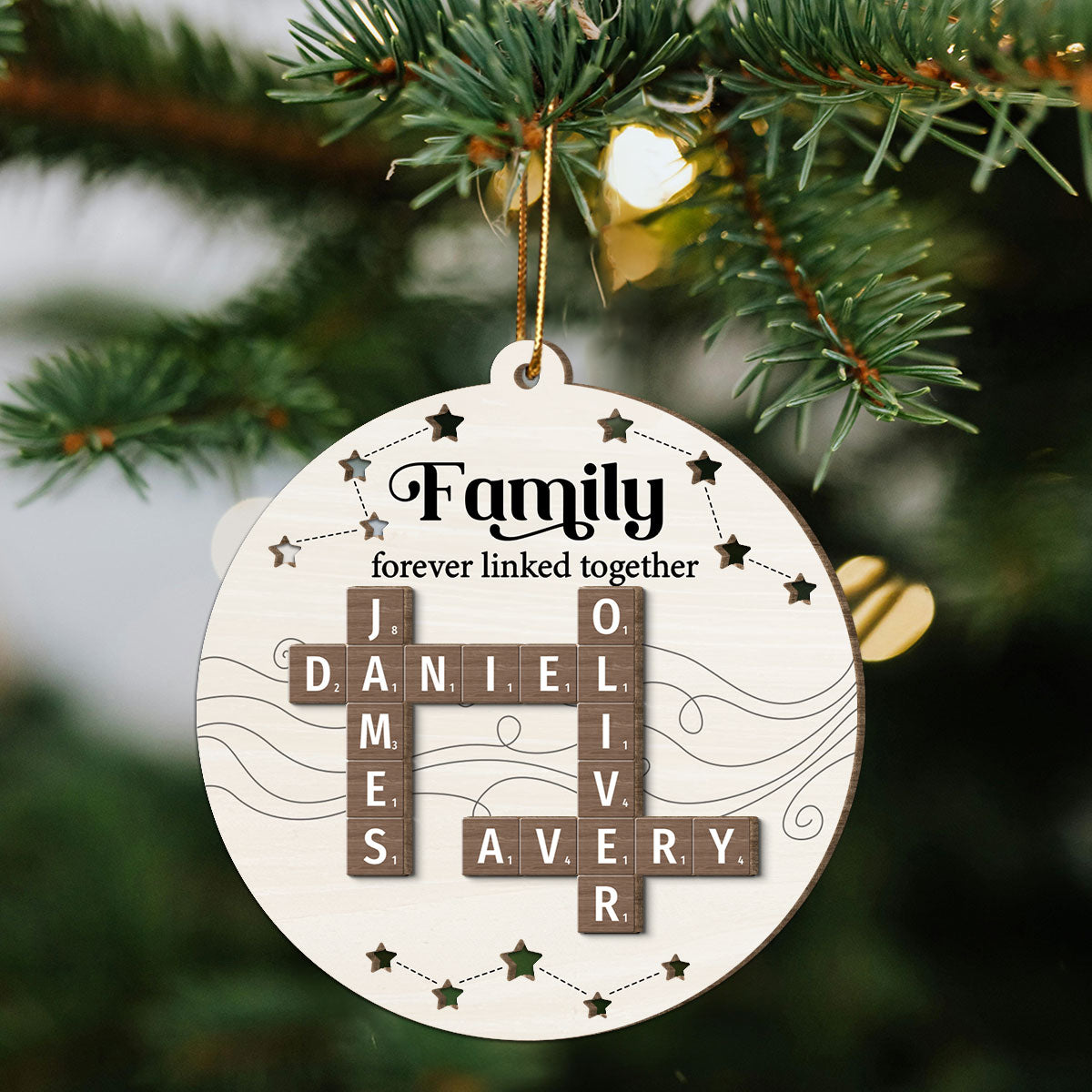 Family Forever Linked Together Puzzle Crossword Personalized 2-Layer Wooden Ornament, Christmas Gift For Family