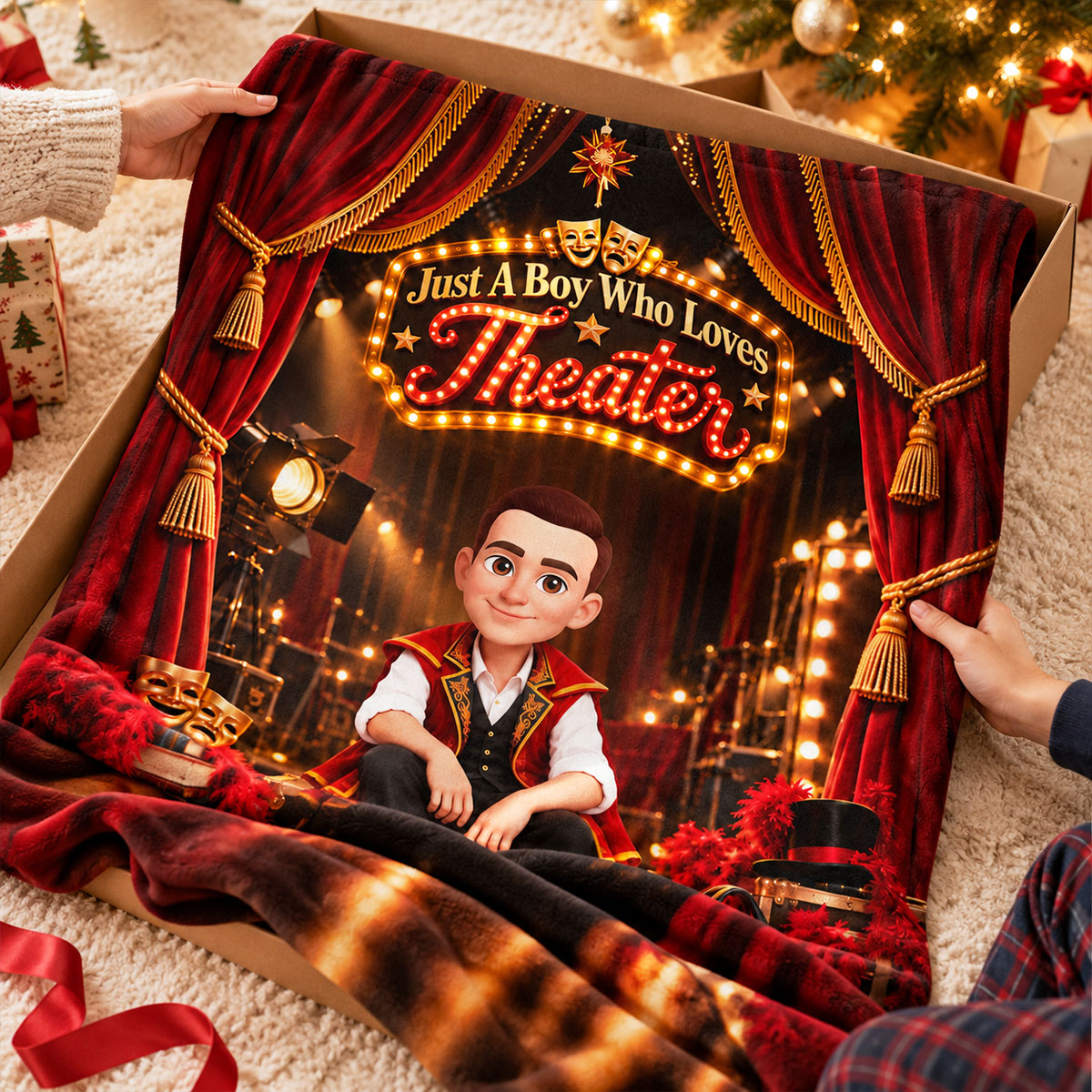 Just a Boy Who Loves Theater - Personalized Fleece Blanket - Christmas Gift for Son, Grandson