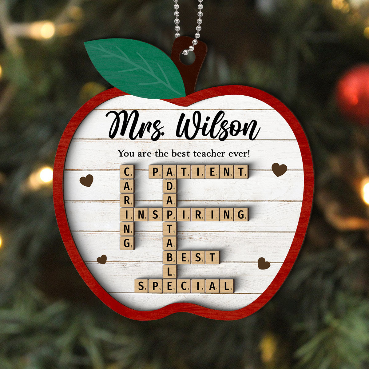 Best Teacher Ever Appreciation Crossword Puzzle Art Personalized 2-Layer Wooden Ornament, Christmas Gift For Teacher