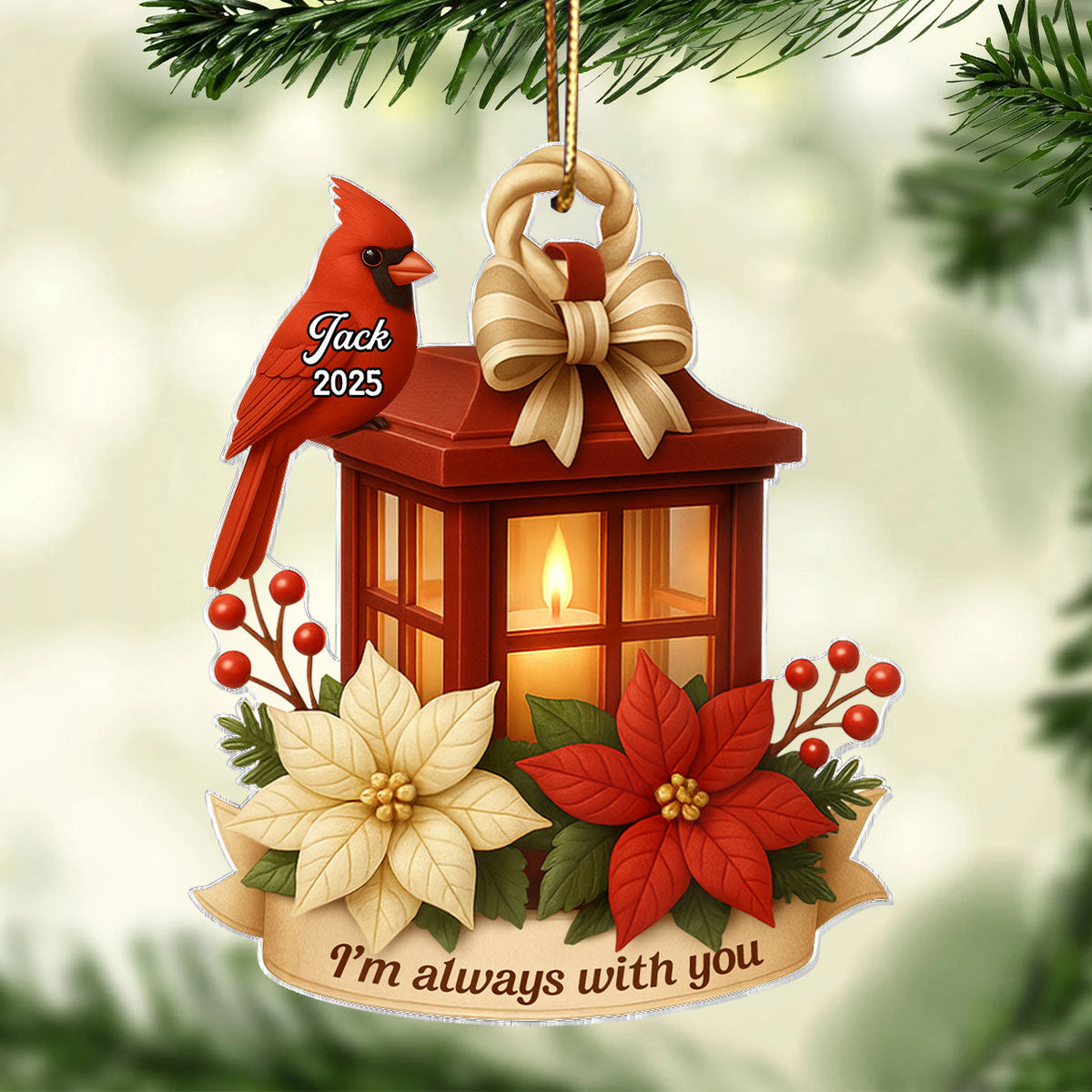 Cardinal On Christmas Lantern 3D Effect Personalized Acrylic Ornament, Meaningful Memorial Symphathy Gift