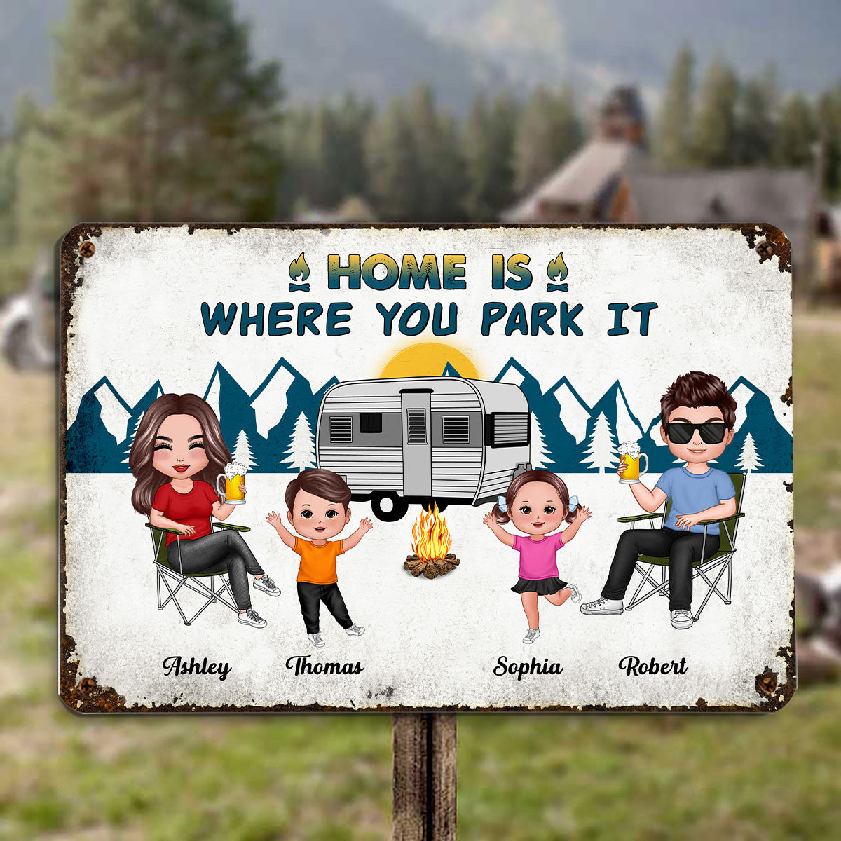 Whole Family Doll Couple Dad Mom Kids Dogs Cats Camping Personalized Metal Sign