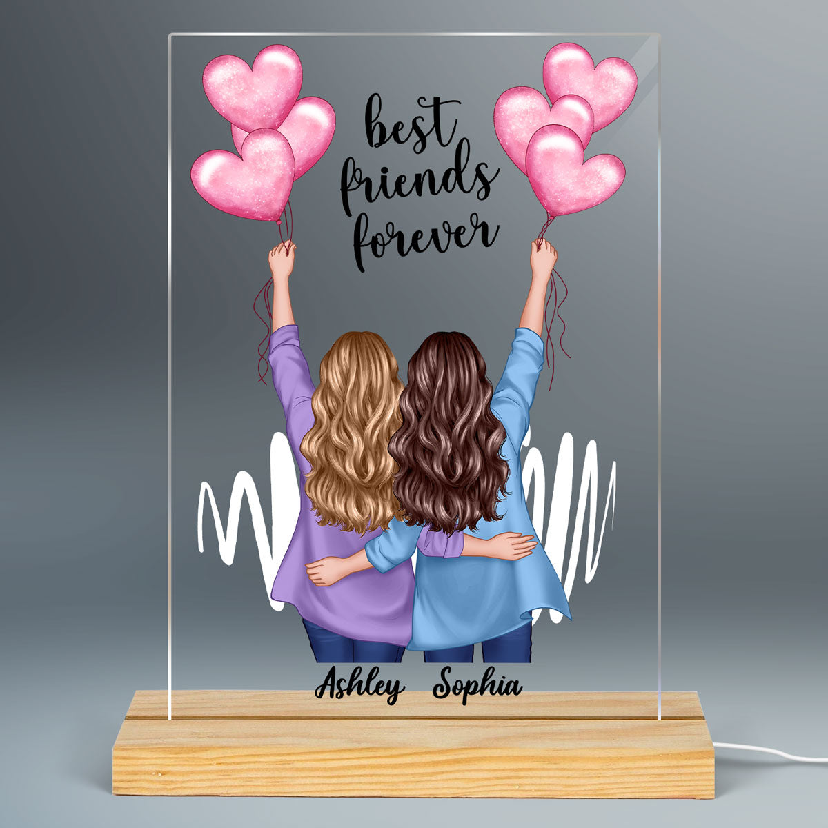 Back View Blazer Besties Holding Balloons Personalized Rectangle Acrylic Plaque LED Night Light