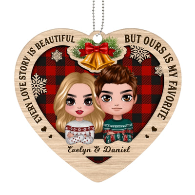 Checkered Pattern Heart Shape Doll Couple Personalized Wooden Ornament