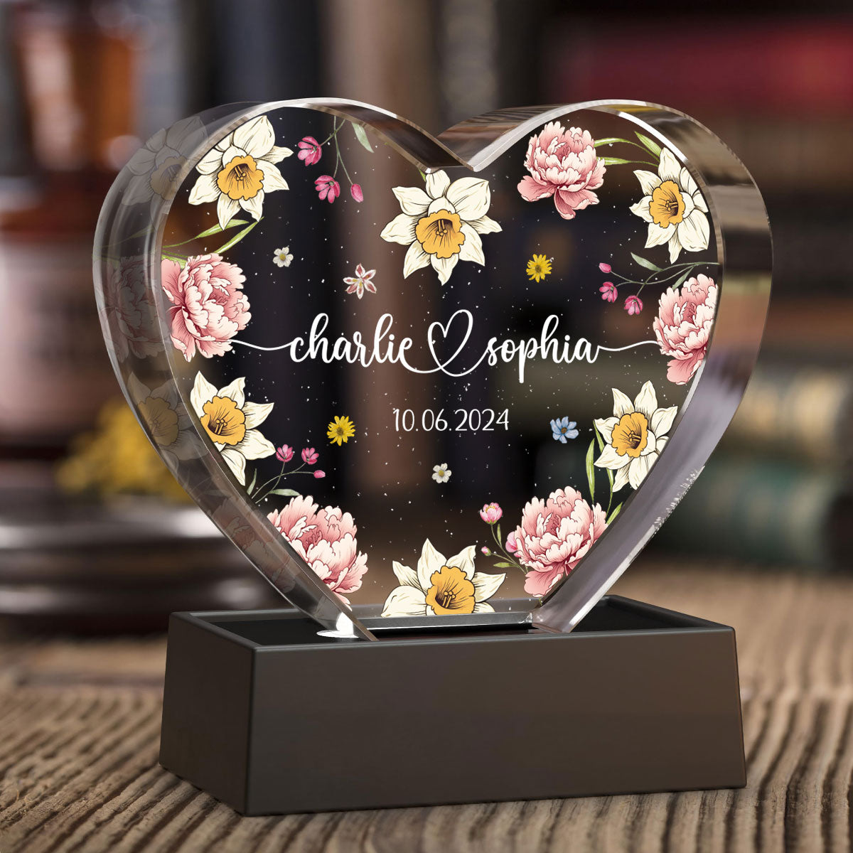 Couple Name Birth Month Flower Premium Crystal Heart LED, Unique Personalized Gift For Couple, For Him, For Her, Perfect Last-minute Valentine's Gift, Free Delivery