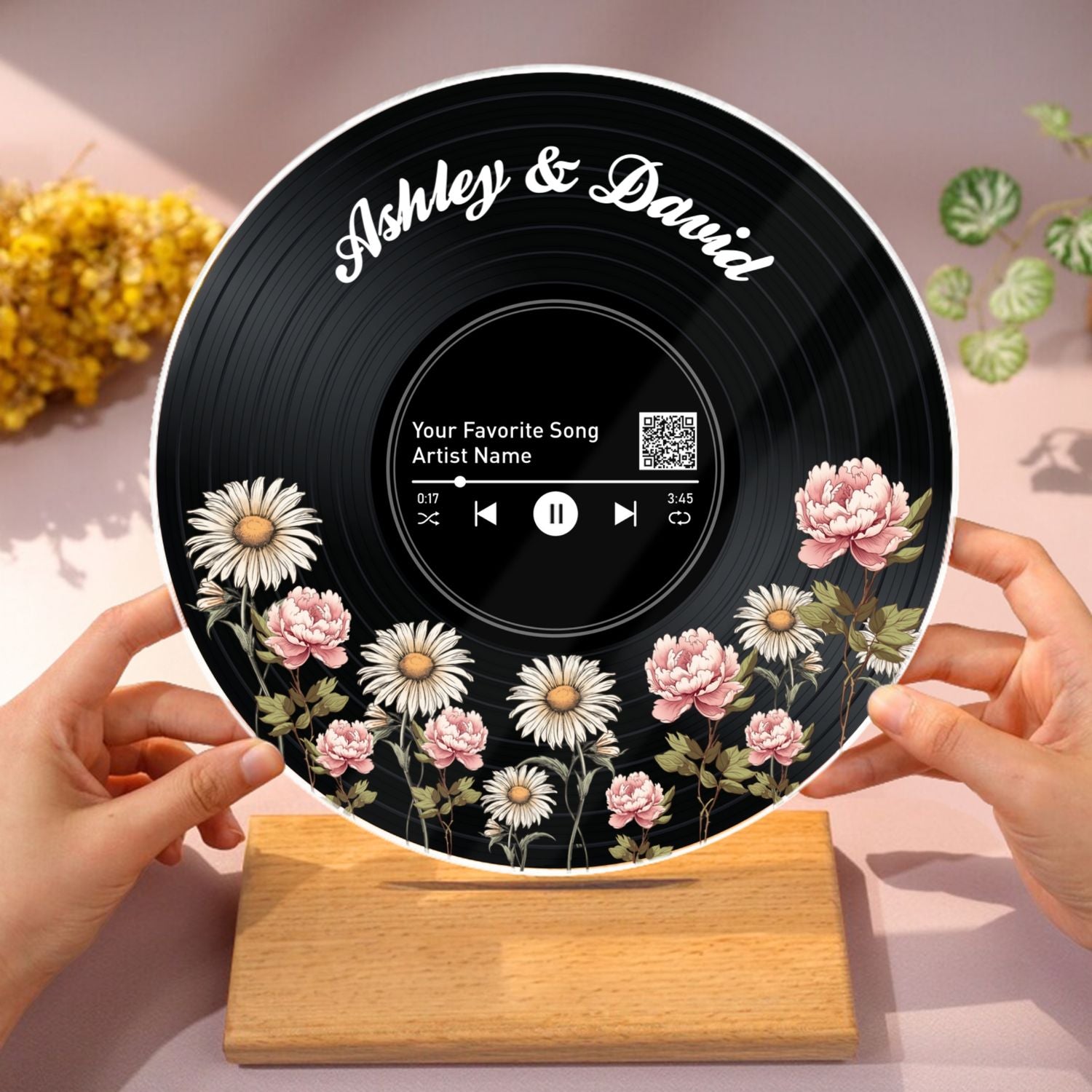 Couple Birth Month Flower Custom Vinyl Record Acrylic Song Plaque, Scannable QR Code, Personalized Valentine's Day, Birthday, Anniversary Gift for her and for him