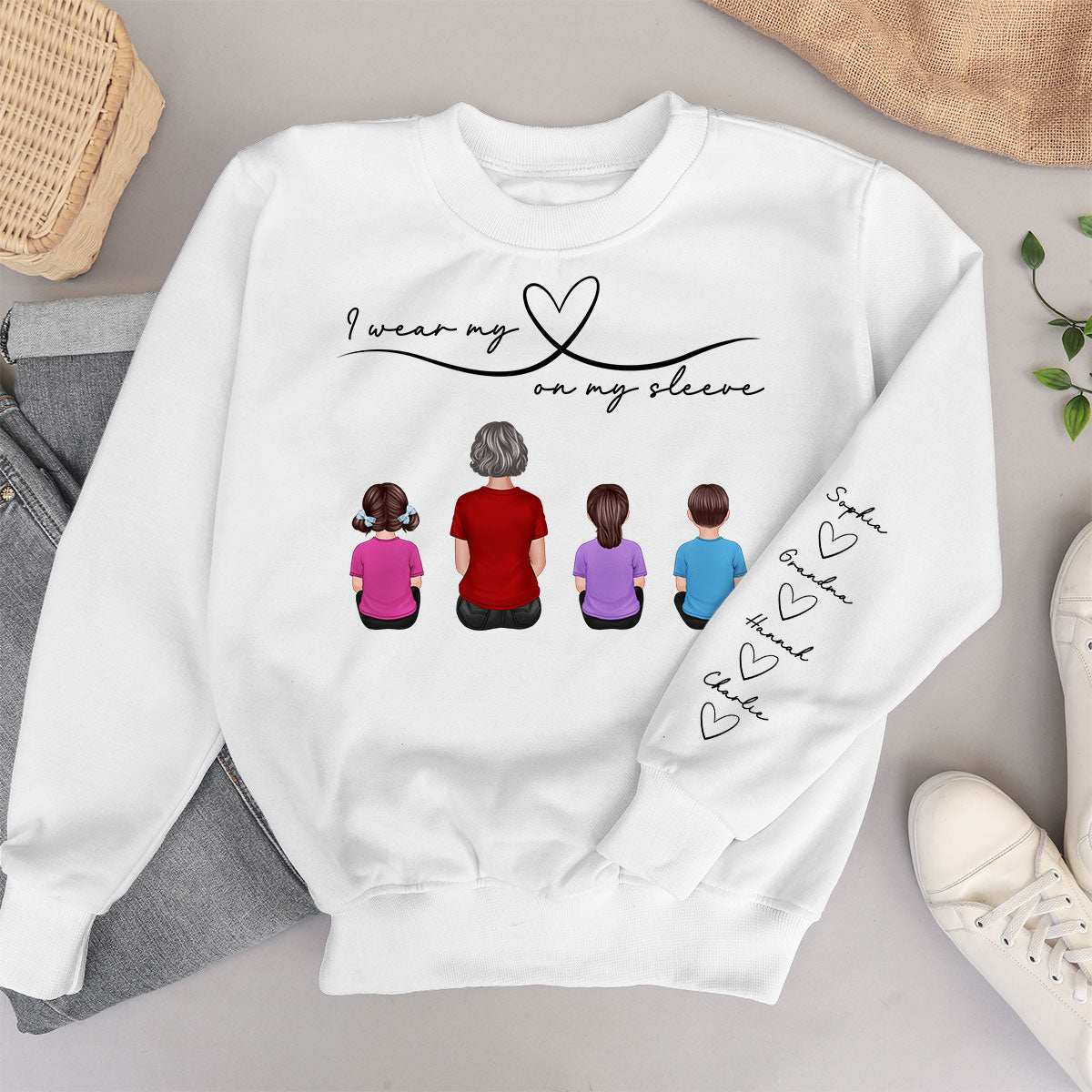 Grandma Mom Wear Her Heart On Her Sleeve, Beautiful Heart Design, Personalized Sleeve Printed Sweatshirt