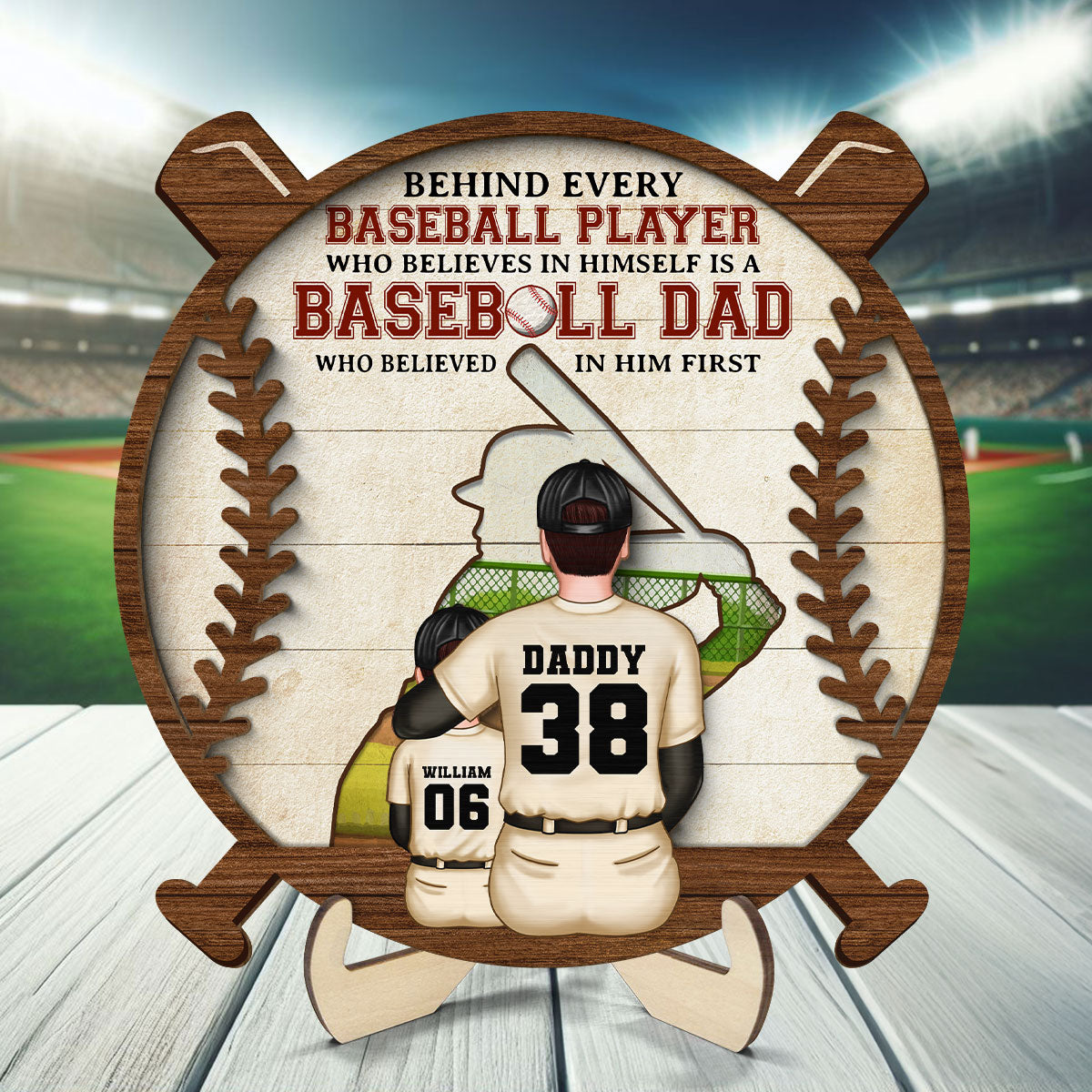 Baseball Dad Behind Every Baseball Player Personalized 2-Layer Wooden Plaque