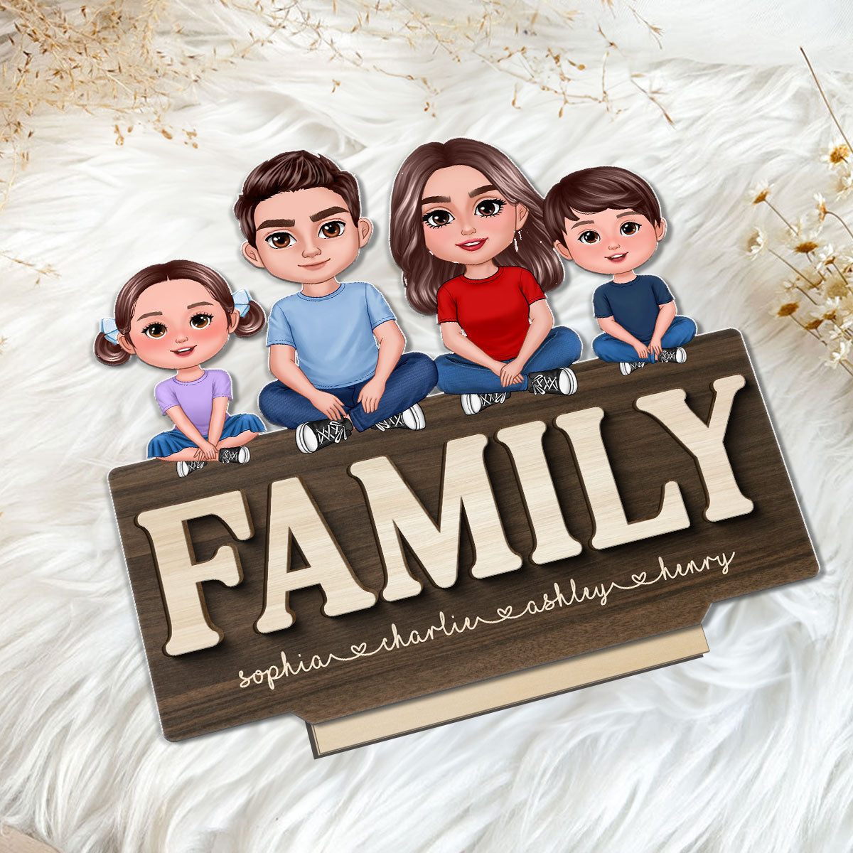 Whole Family Crossed Legs Sitting On Word Dad Mom Kid Dog Cat Personalized 2-Layer Standing Wooden Plaque