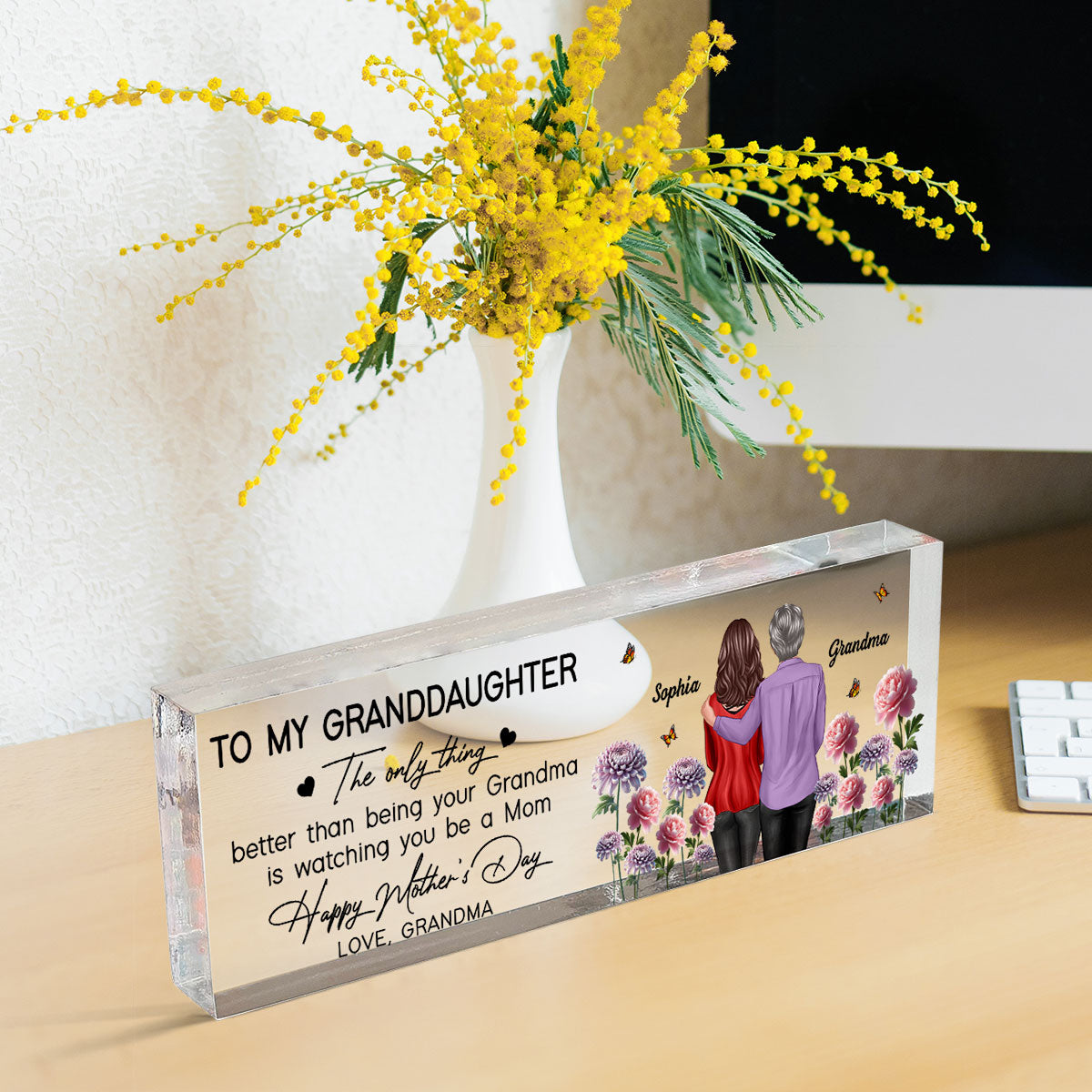 To My Granddaughter From Grandma Happy Mother's Day Birth Flower Personalized Desk Block, Gift For Granddaughter