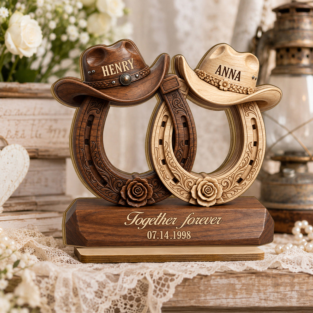 Couple Cowboy Hat Horseshoe - Personalized 2-Layered Wooden Plaque - Wedding, Anniversary Gift for Her, for Him