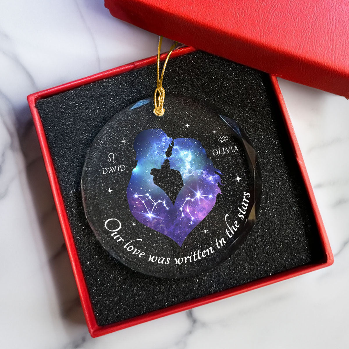 Our Love Was Written In The Stars Hugging Couple Personalized Zodiac Sign Glass Ornament, Birthday Christmas Wedding Gift For Couple, Girlfriend, Boyfriend, Astrology Lovers