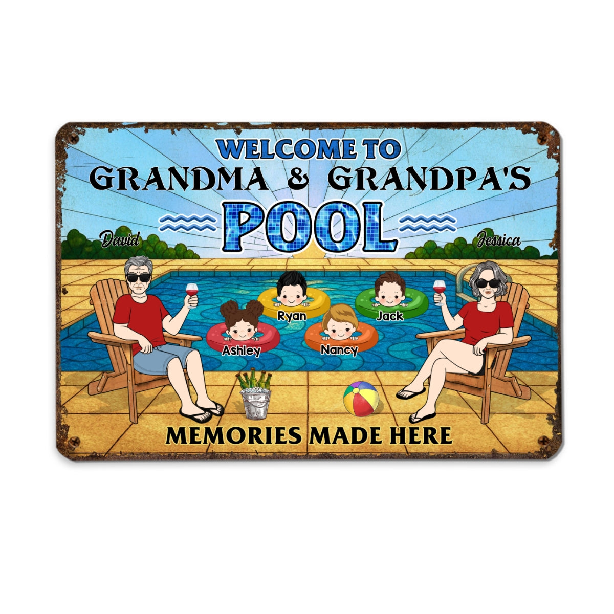Summer Welcome To Grandpa Grandma Grandparents Pool Personalized Metal Sign| Summer Outdoor Decoration