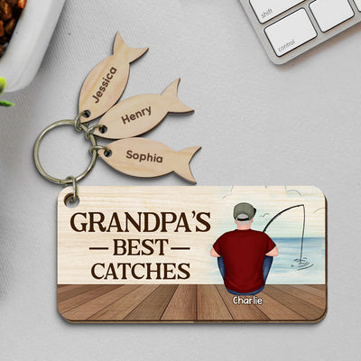 Fishing Dad‘s Grandpa’s Best Catches Multi Fish Charm Personalized Wooden Keychain