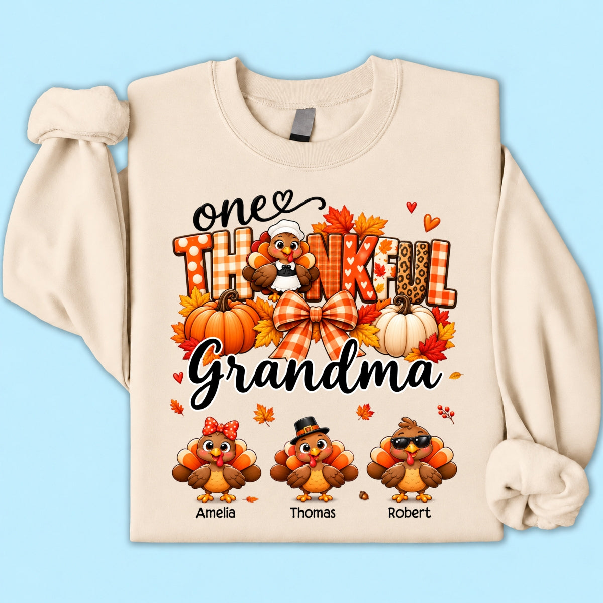 One Thankful Grandma Turkey Thanksgiving - Personalized Shirt - Gift For Mom, Grandma