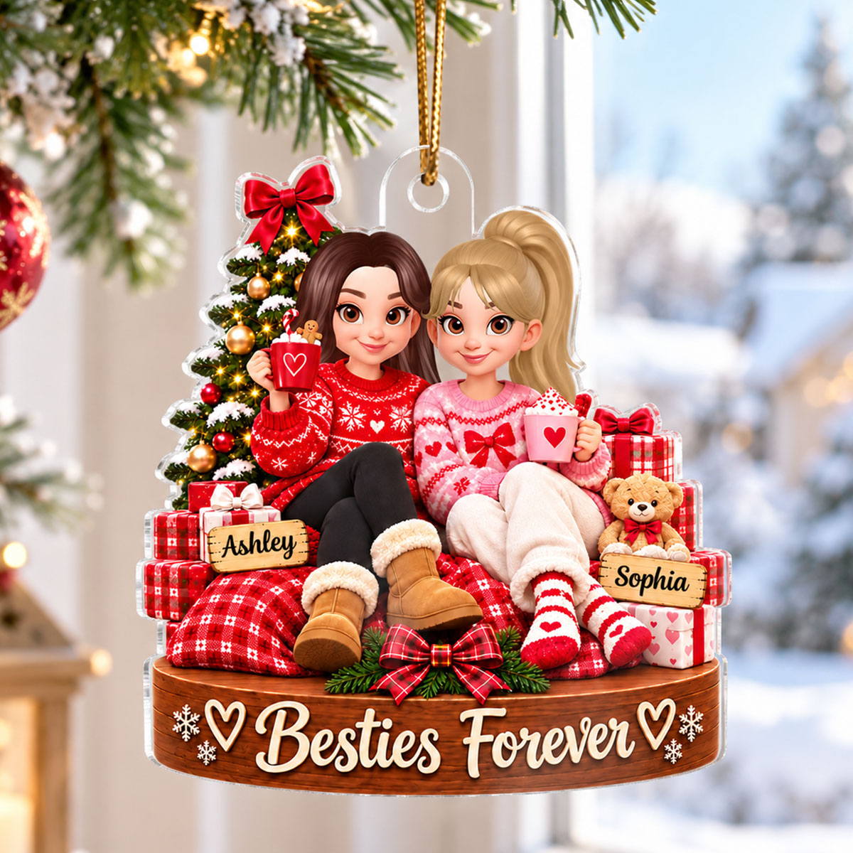 Besties Forever Custom Names Christmas Girls - Personalized Acrylic Ornament - Christmas Gift For Best Friends, Besties, BFF, Soul Sisters