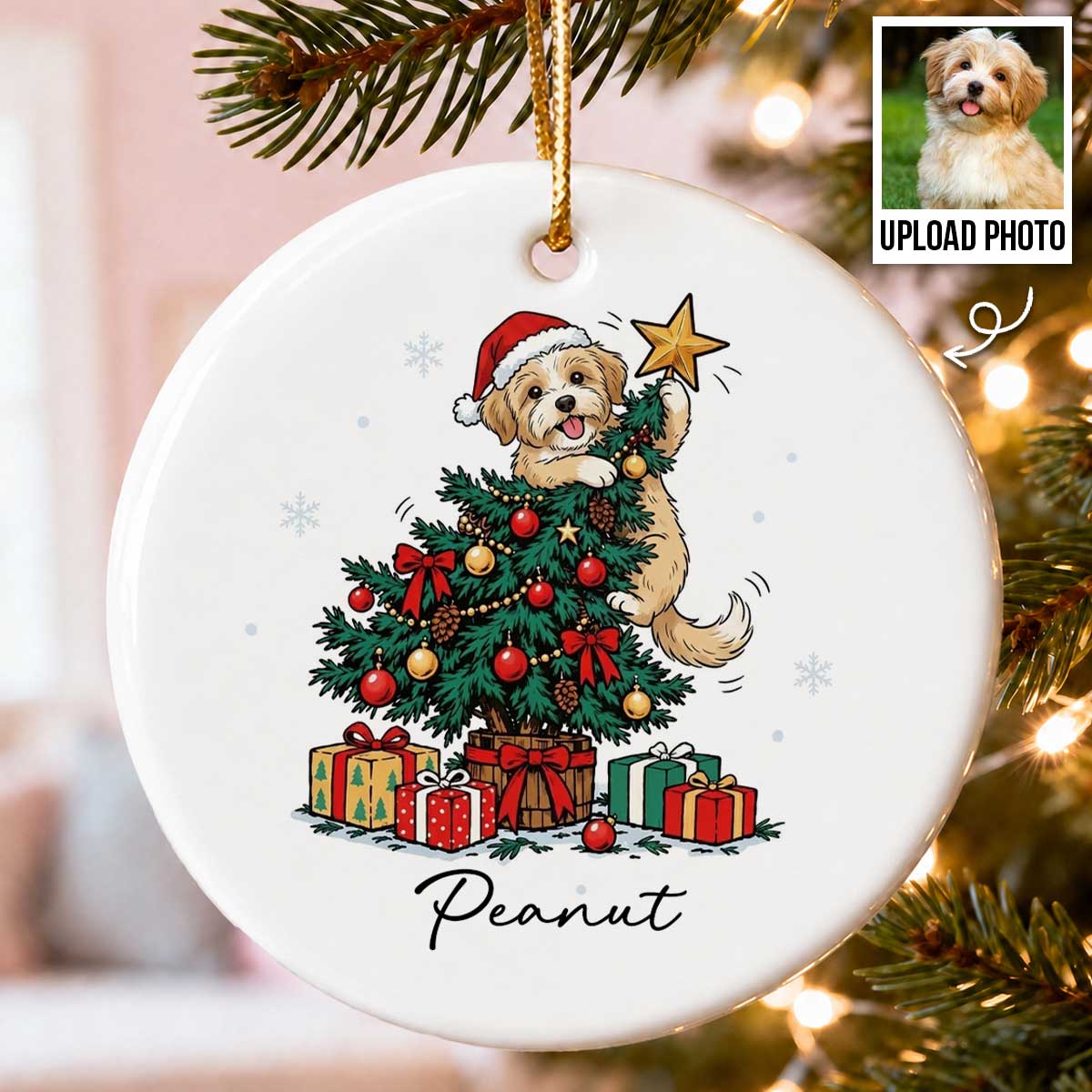 Cute Dog Cat On Christmas Tree Upload Photo - Personalized Ceramic Ornament - Funny Gift For Dog Lover, Cat Lover