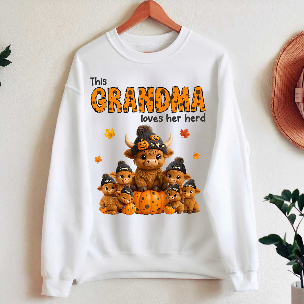 This Mama Loves Her Herd Cute Highland Cow Pumpkin Personalized Sweatshirt, Fall Sweatshirt for Mom Grandma