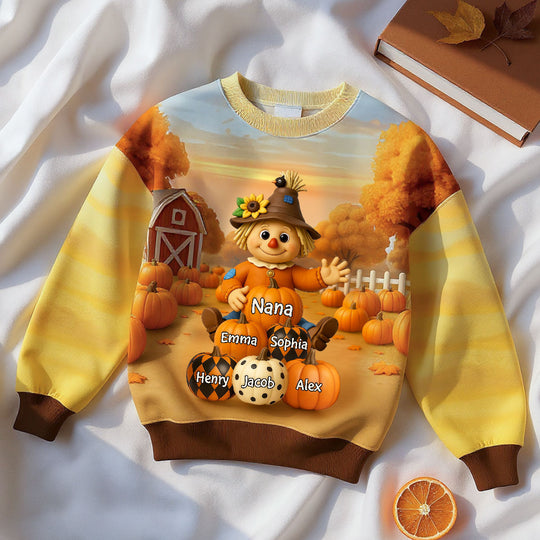 Fall Season Grandma Scarecrow Grandkids Pumpkins 3D Effect Personalized Sweatshirt
