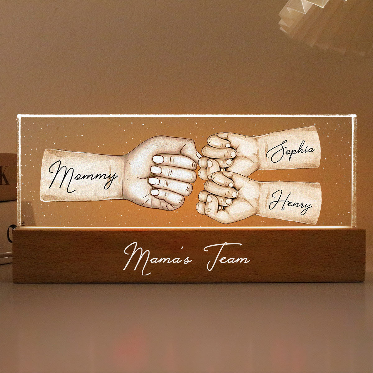 Mama's Team Fist Bump Personalized Acrylic LED Night Light, Gift For Mom, Grandma