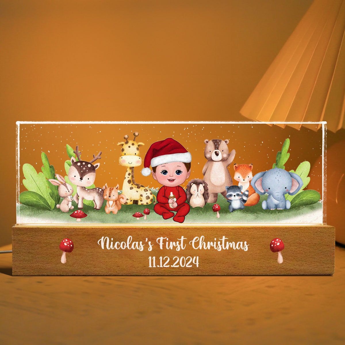 Woodland Animals Baby Christmas Personalized Acrylic Block LED Night Light