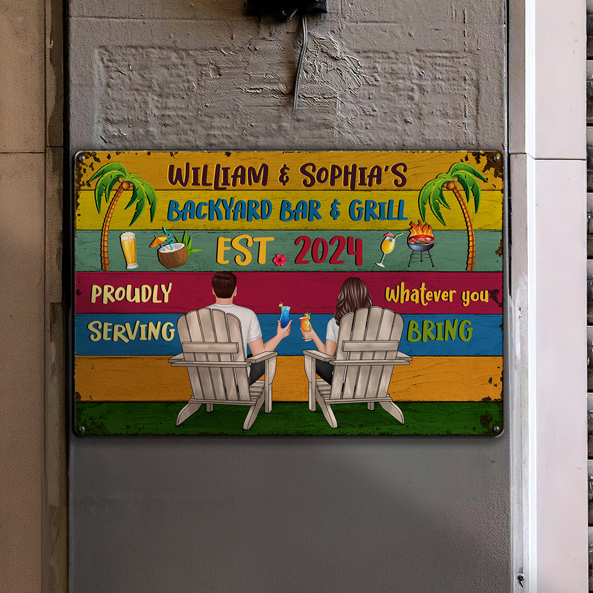 Welcome To Backyard Bar & Grill Back View Couple Personalized Metal Sign