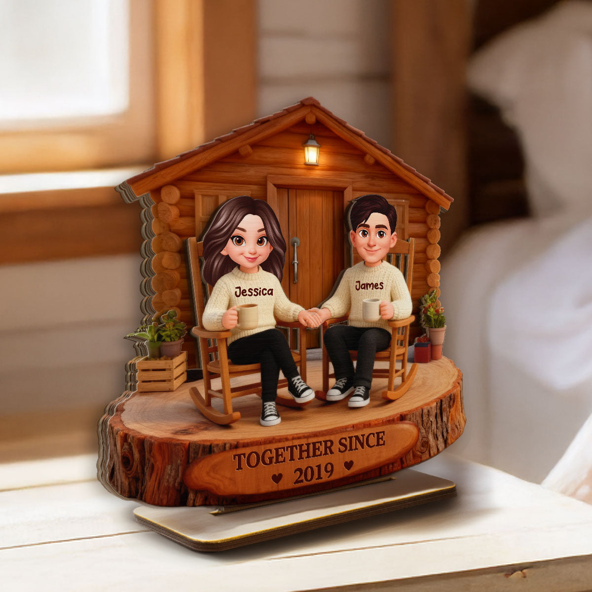 Eternal Love Couple Forever Together Wooden Cabin - Personalized 2-Layer Wooden Plaque - Gift For Couple, Gift For Him, For Her