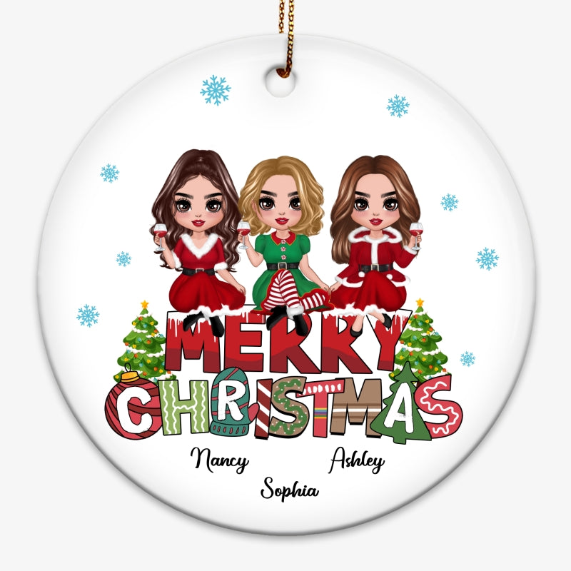 Doll Besties Sitting On Merry Christmas Text Personalized Circle Ornament