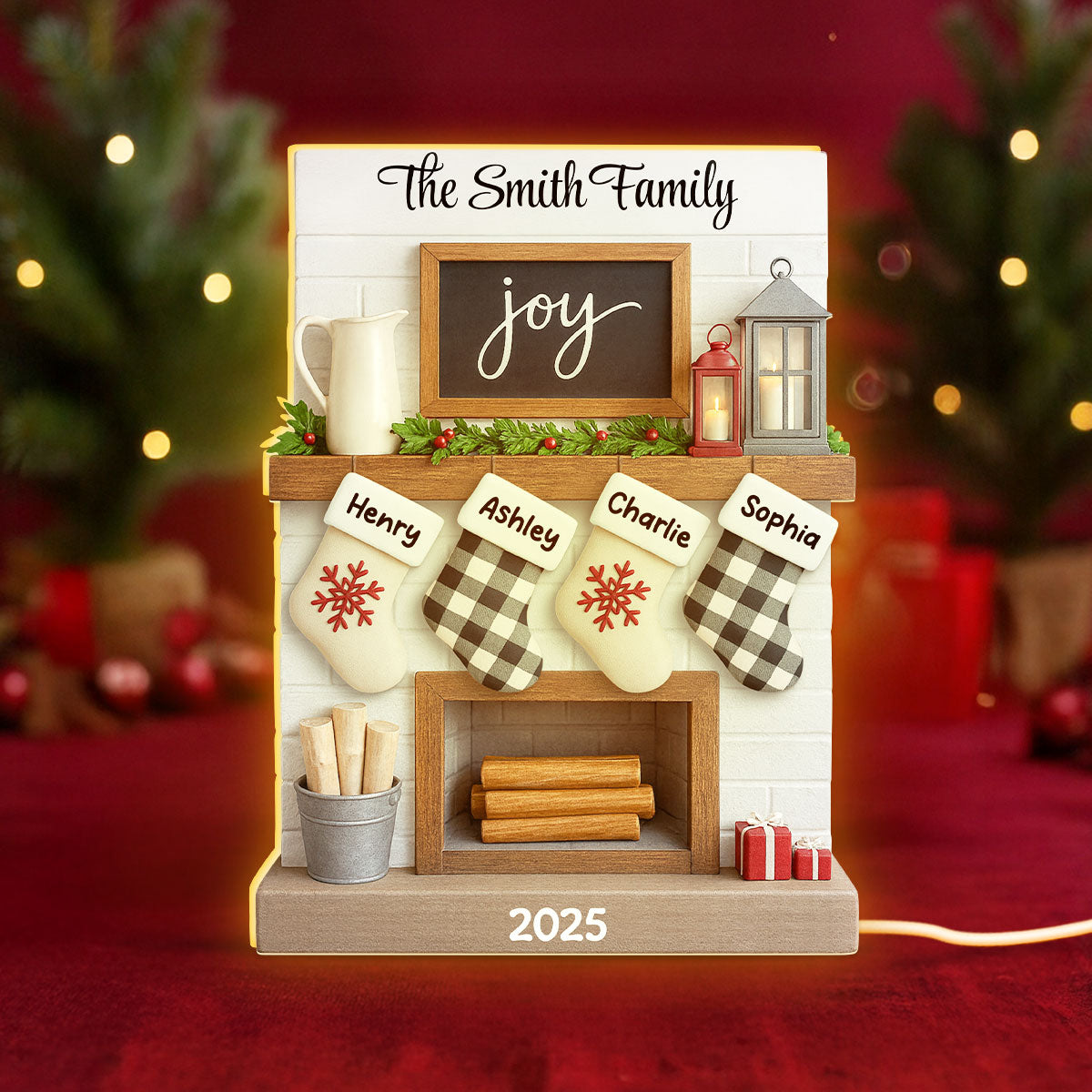 2025 Large Family Fireplace Mantle Tree Home Stocking Stuffer Christmas Gift Personalized LED Light Box