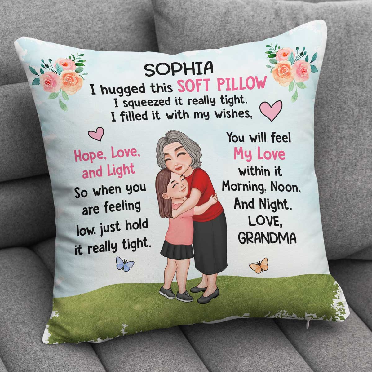 Grandma Granddaughter Grandson Hugging Flowers Blue Sky Personalized Pillow