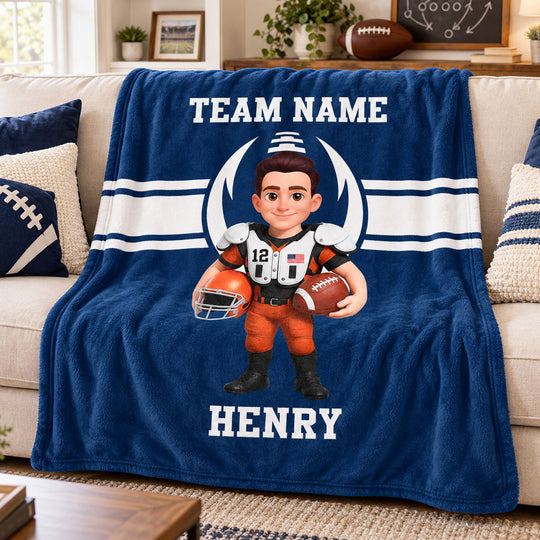 Proud American Football Player Custom Name And Team Name - Personalized Fleece Blanket - Christmas Gift For American Football Players, Grandson, Son