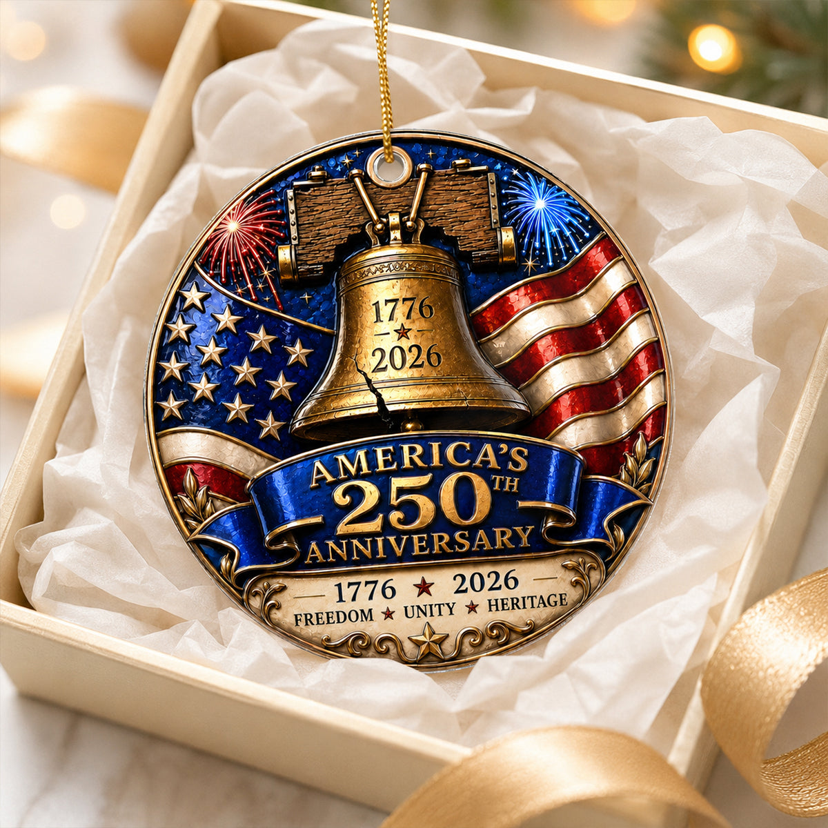 America 250th Anniversary Liberty Bell - Personalized Acrylic Ornament - Patriotic Christmas Tree Decor