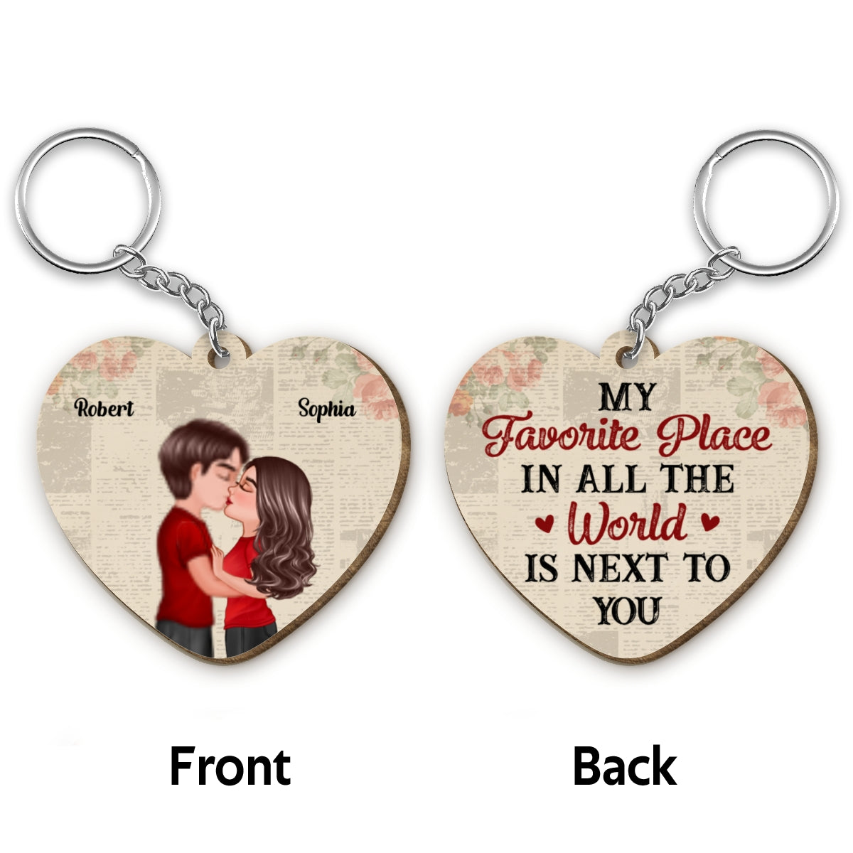 Favorite Place In All The World Couple Kissing Personalized Heart Shaped Wooden Keychain