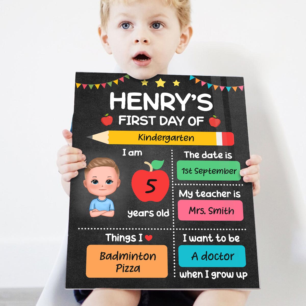 Doll Kid First Day Of School Personalized Board Sign, Editable, Reusable Back To School Sign