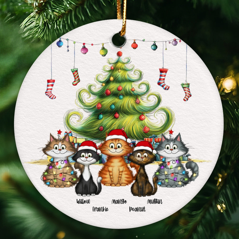 Quirky Christmas Tree Cats Whimsical Personalized Circle Ceramic Ornament