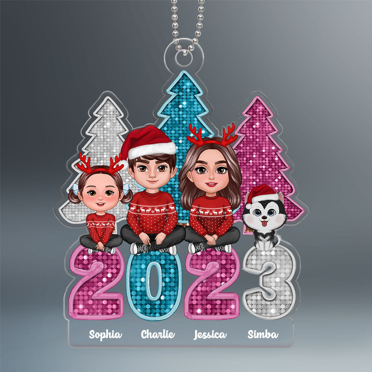 Family Sitting Crossed Legs Faux Glitter Sequins Christmas Tree Personalized Acrylic Ornament
