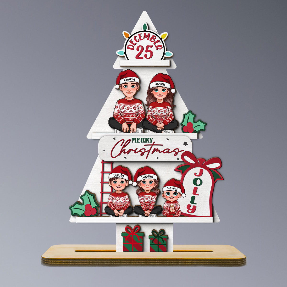 Pine Tree Christmas Family Sitting Personalized 2-Layer Standing Wooden Plaque